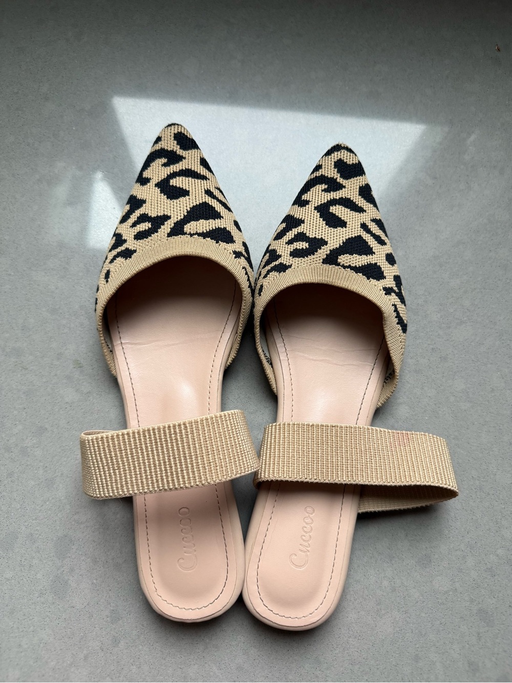Beige and Black Leopard Pointed Toe D'Orsay Flats - Women